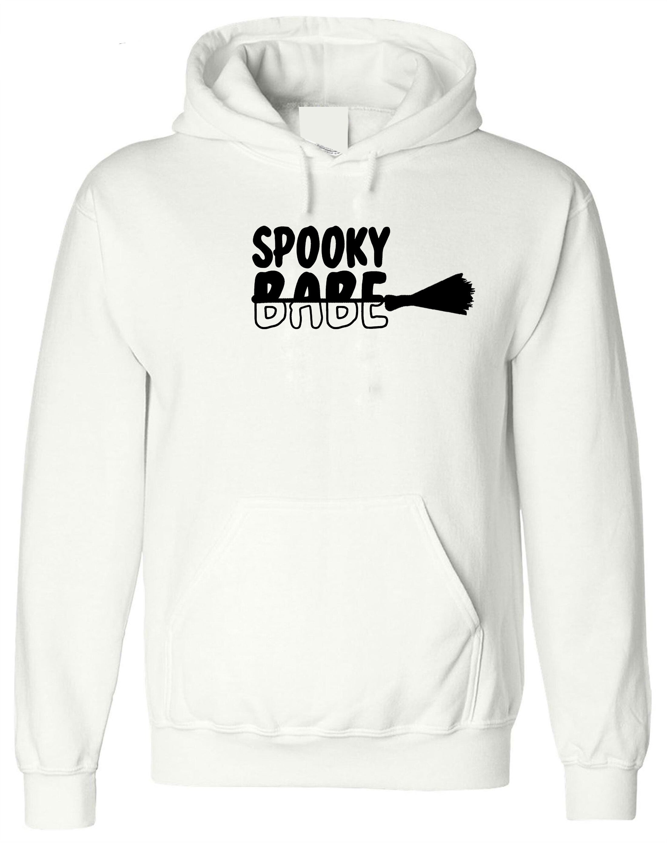 Spooky Babe Funny Halloween Hoodie Hoody Hood Hooded Ladies Unisex Broom Trick Treat Boo Horror Gift for GF Womens Girlfriend