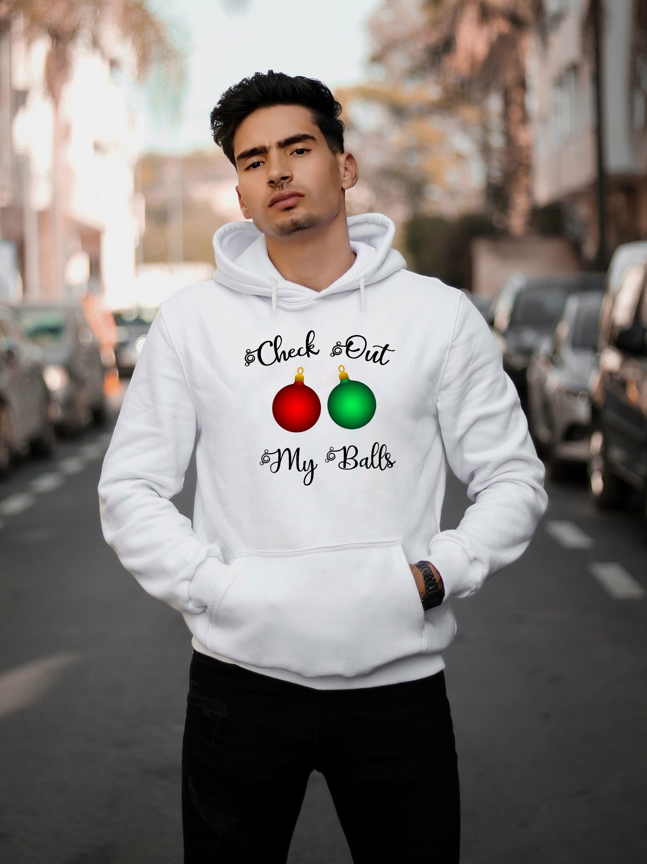 Check Out My Balls Funny Rude Hoodie Hoody Hood Hooded Christmas Bells Jingle Bells Xmas Gift Present Unisex Humor Santa Top