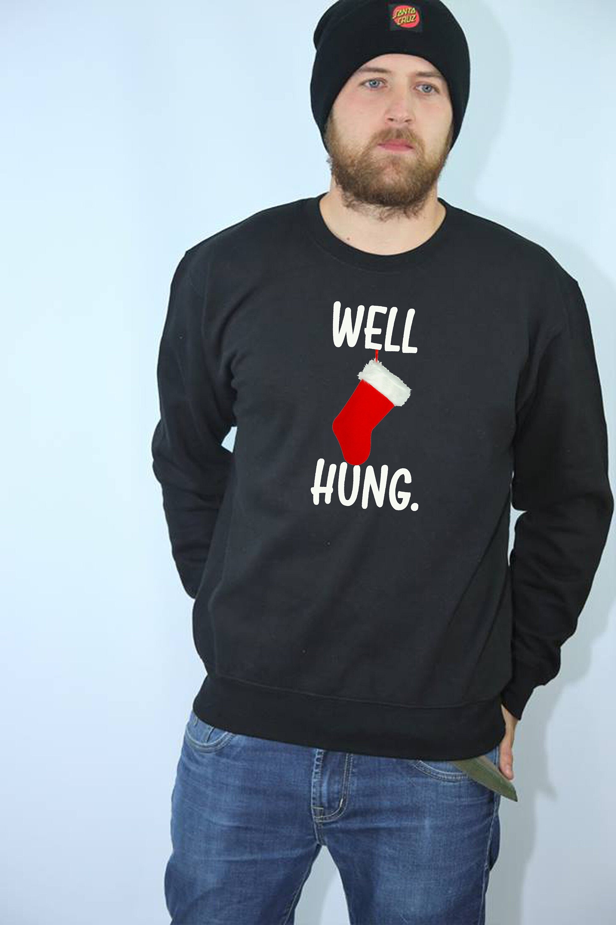 Well Hung Funny Christmas Sweatshirt Jumper Sweater Shirt Santa Socks Santa Stockings Humor Adult Joke Xmas Present Gift Sarcastic