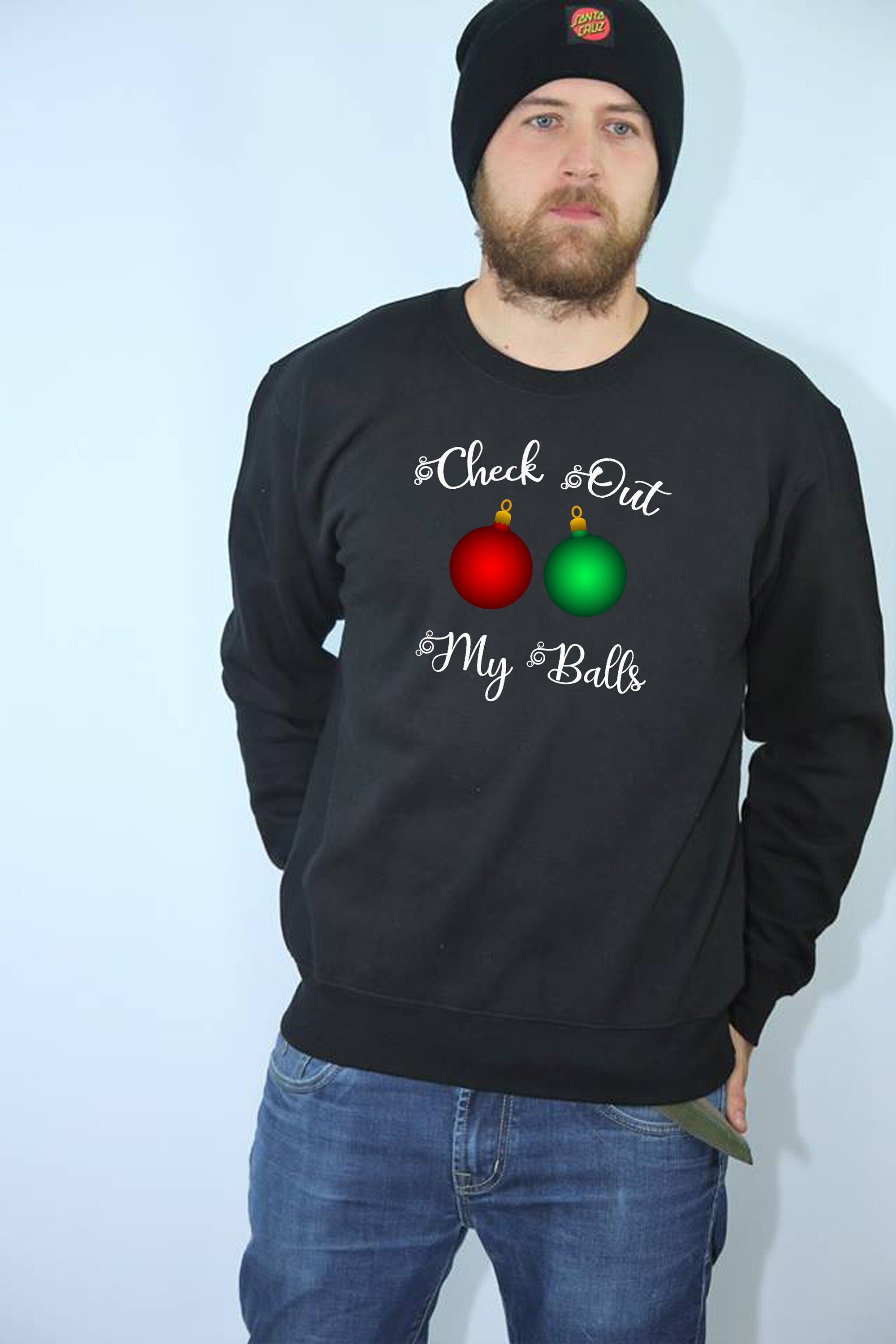 Check Out My Balls Funny Rude Sweatshirt Jumper Sweater Shirt Christmas Bells Jingle Bells Xmas Gift Present Unisex Humor Santa Top