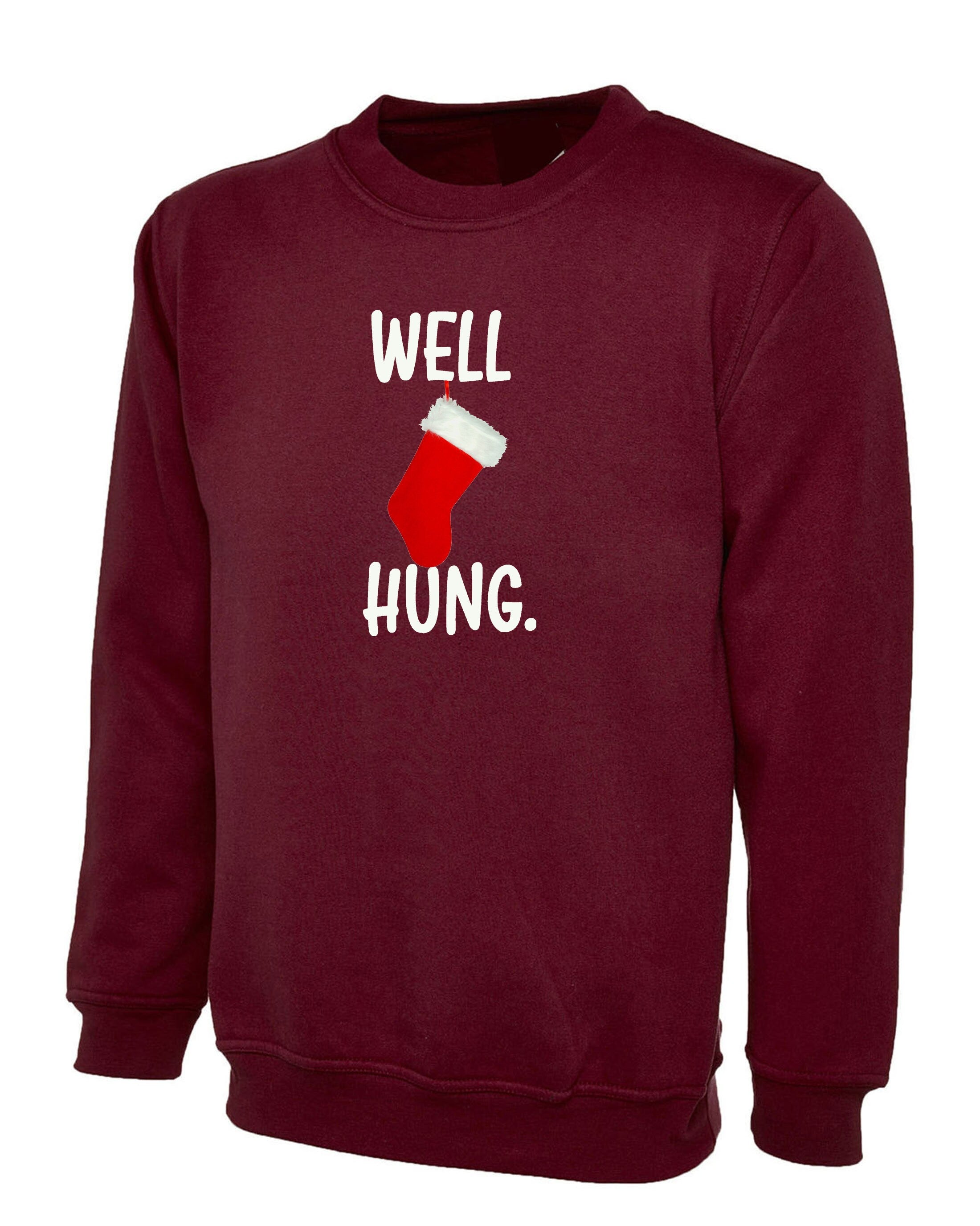 Well Hung Funny Christmas Sweatshirt Jumper Sweater Shirt Santa Socks Santa Stockings Humor Adult Joke Xmas Present Gift Sarcastic