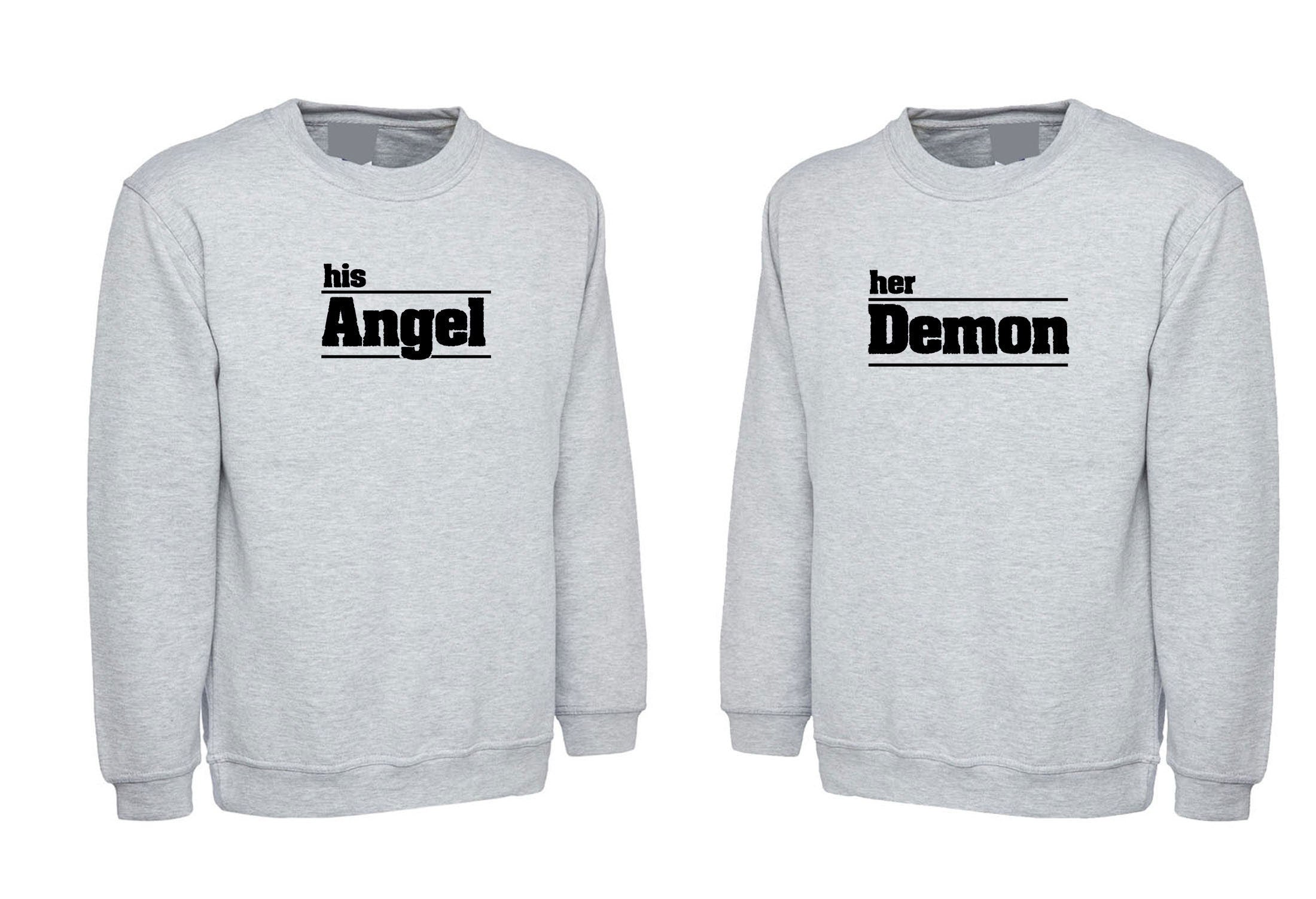 Couple matching funny shirts his angel her demon sweatshirt jumper sweater shirt joke valentines outfit wedding love marriage