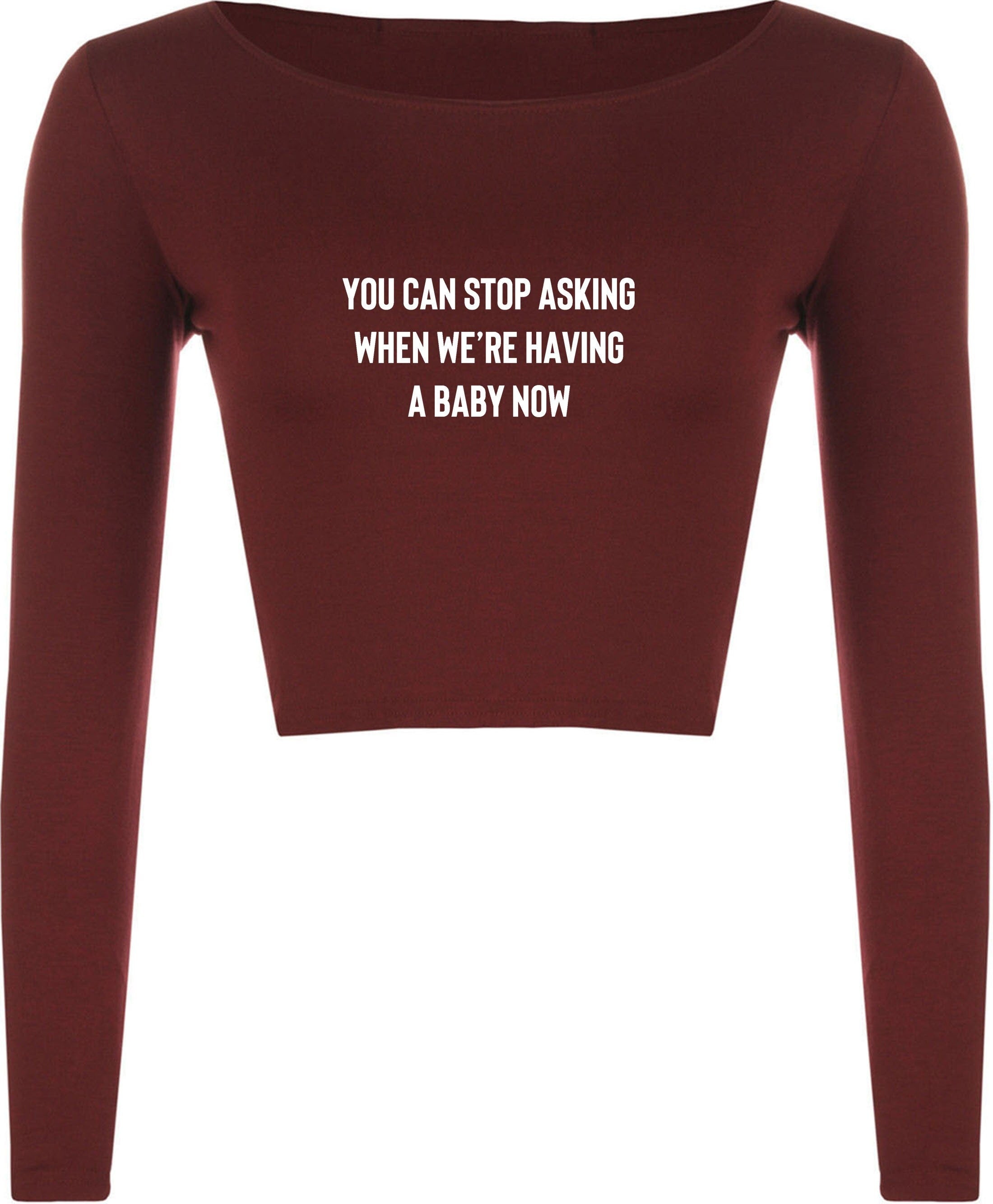 You can stop asking when we're having a baby now funny crop top crop tops croptops pregnancy announcement gift for wife rude joke pregnant