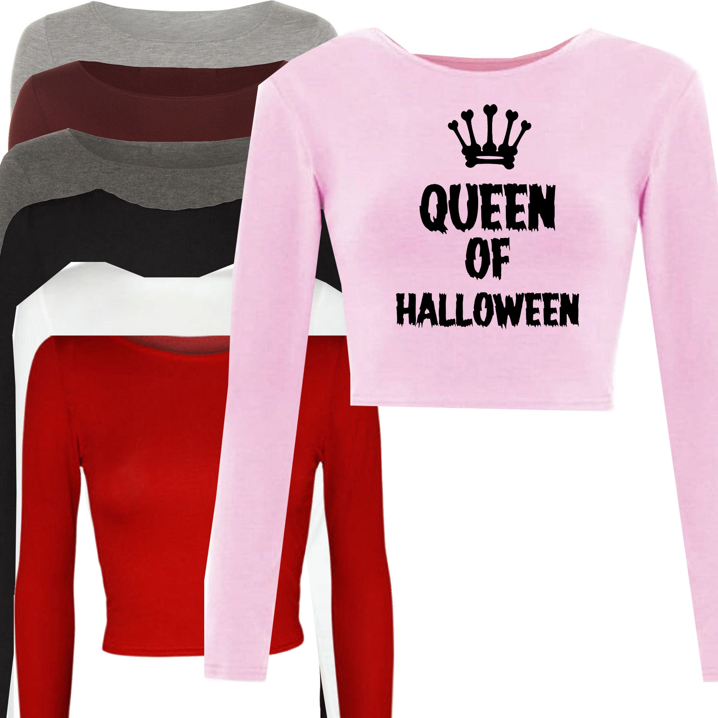 Ladies womens funny halloween outfit halloween costume queen of halloween crop tops crop-tops long sleeve horror joke gift present