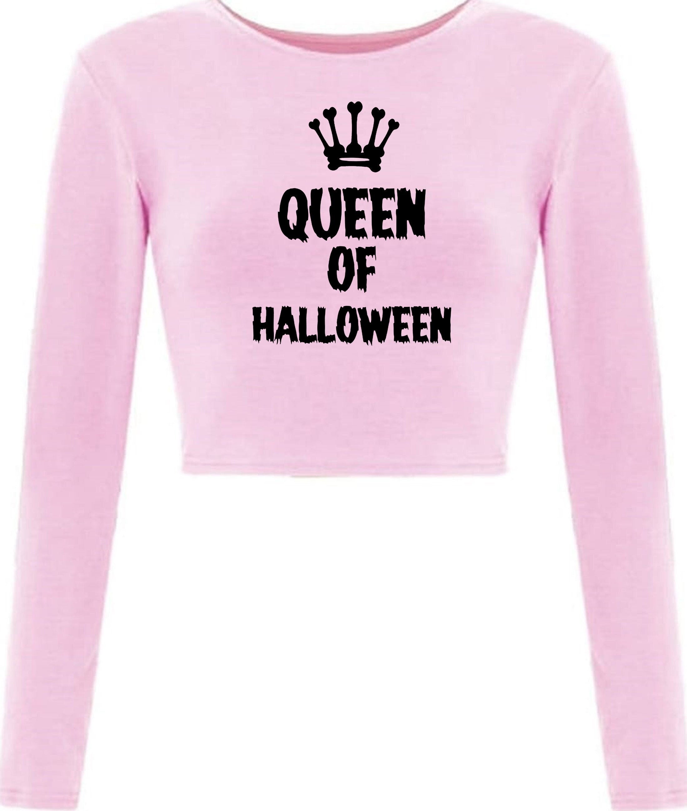 Ladies womens funny halloween outfit halloween costume queen of halloween crop tops crop-tops long sleeve horror joke gift present