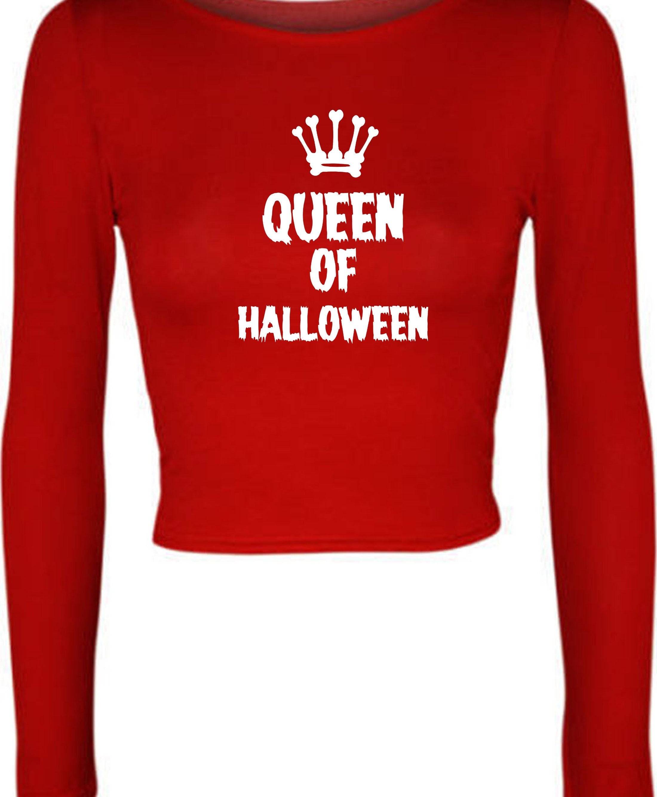 Ladies womens funny halloween outfit halloween costume queen of halloween crop tops crop-tops long sleeve horror joke gift present