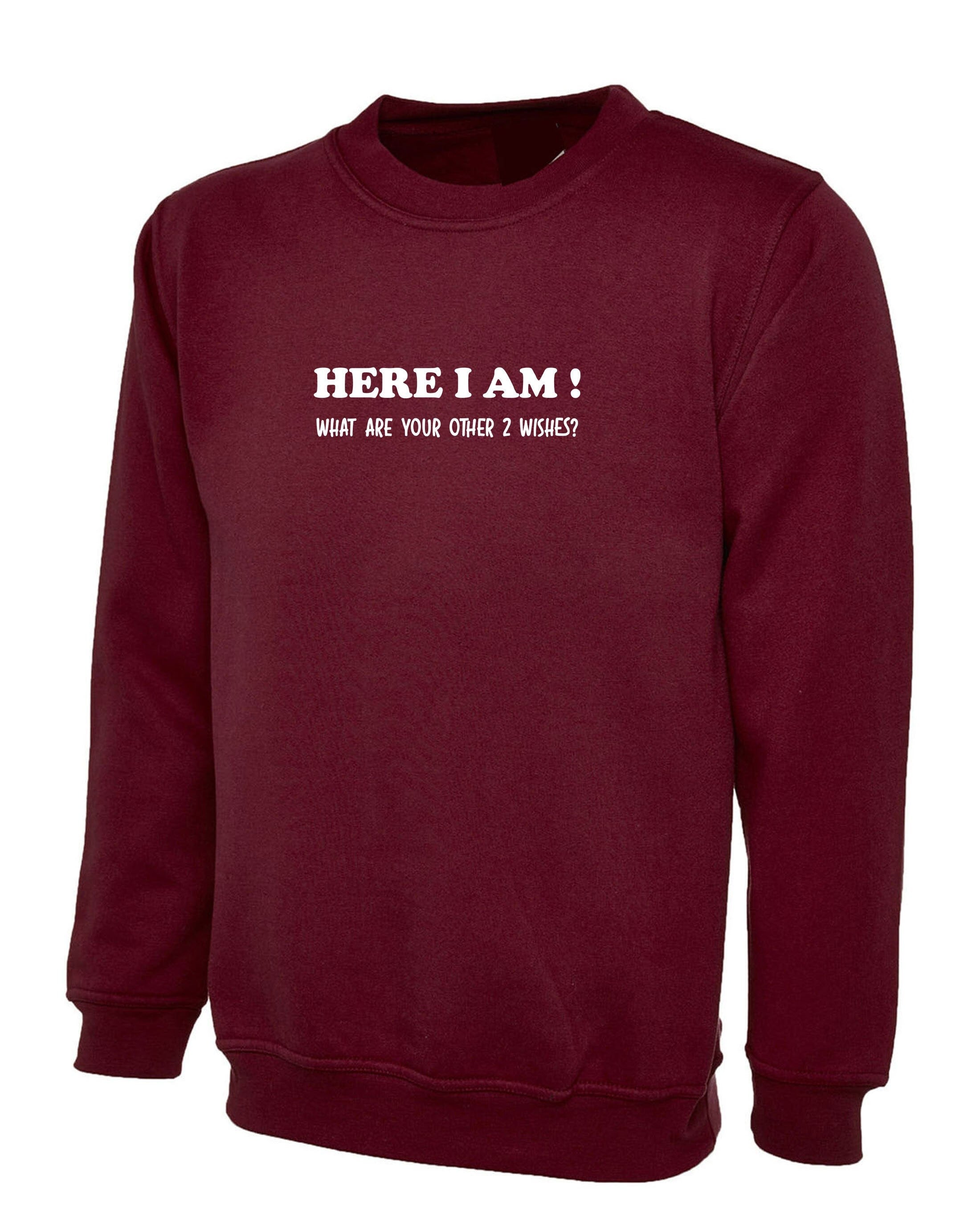 Here i am what are your other 2 wishes funny sweatshirt jumper sweater shirt xmas gift unisex genie joke birthday party womens ladies