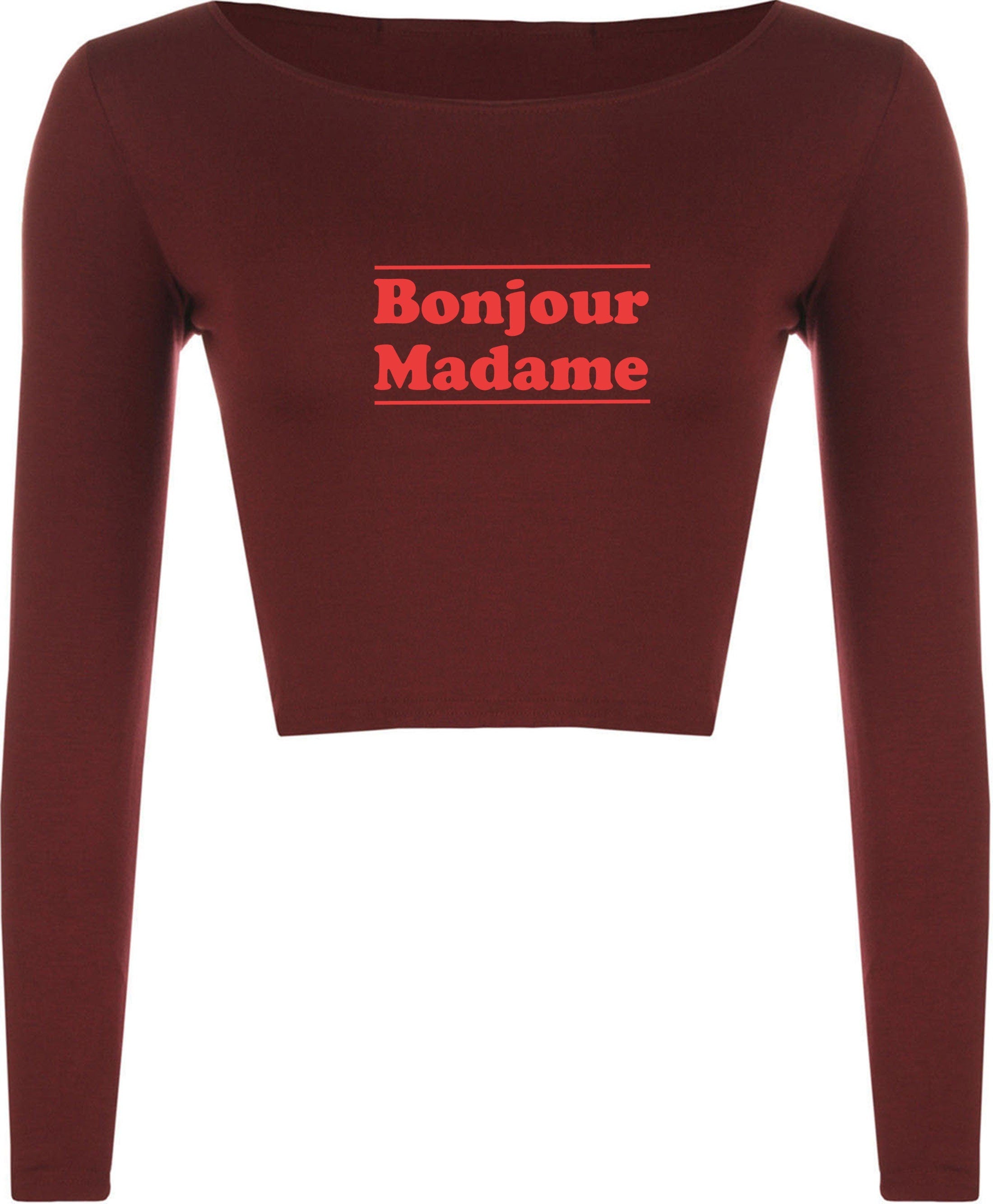 Bonjour madame crop top crop-tops hello madam greetings in french mens unisex womens ladies top funny tour to france gift