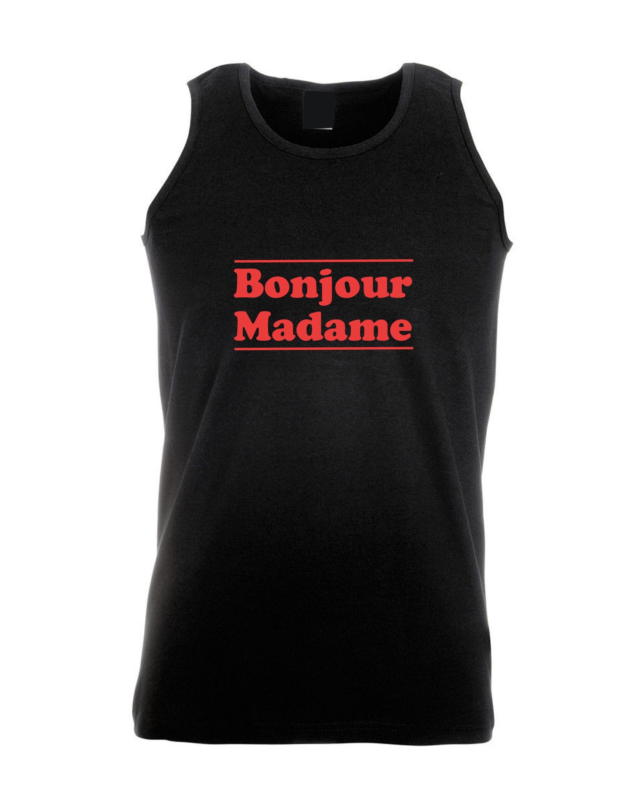 Bonjour madame vest vests gym workout exercise hello madam greetings in french mens unisex womens ladies top funny tour to france gift