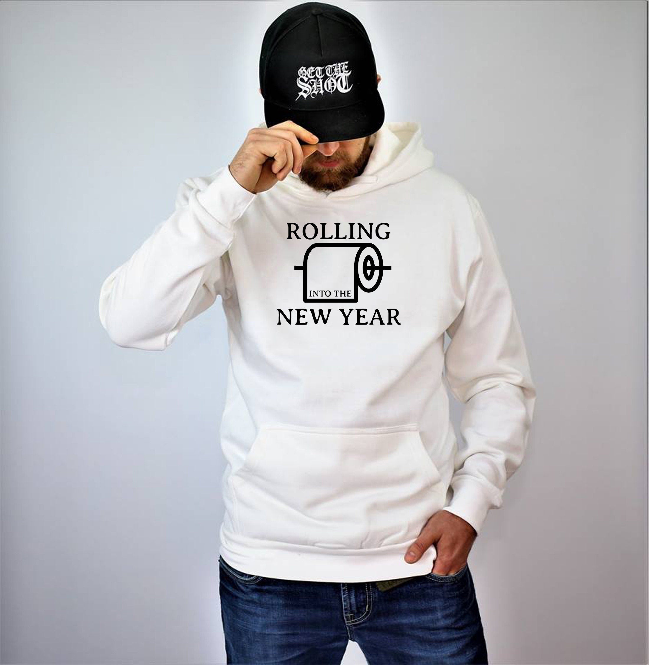 Rolling Into the New Year Funny New Year 2023 Hoodie Hoody Hood Hooded Joke Humor Adult Toilet Paper Comedy Unisex Gift Holidays