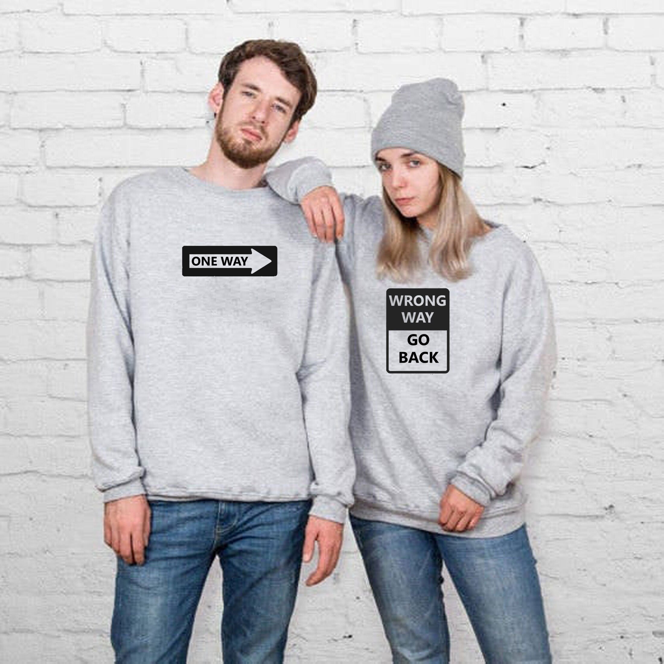 Couple matching funny shirts one way and wrong way sweatshirt jumper sweater shirt adult joke christmas valentines gift humor