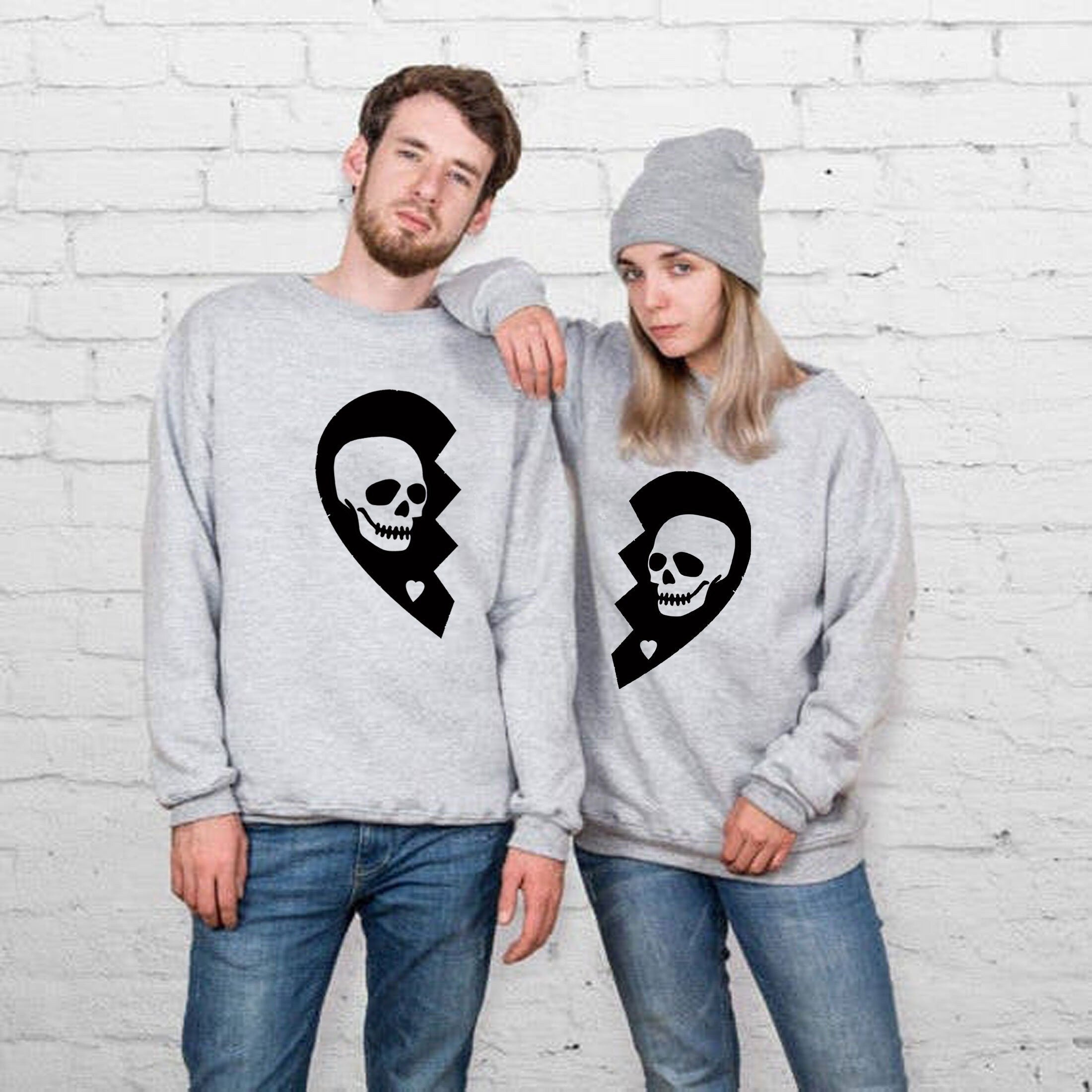 Skull heart mens ladies couple matching shirts sweatshirt jumper sweater shirt husband wife valentines present scary halloween