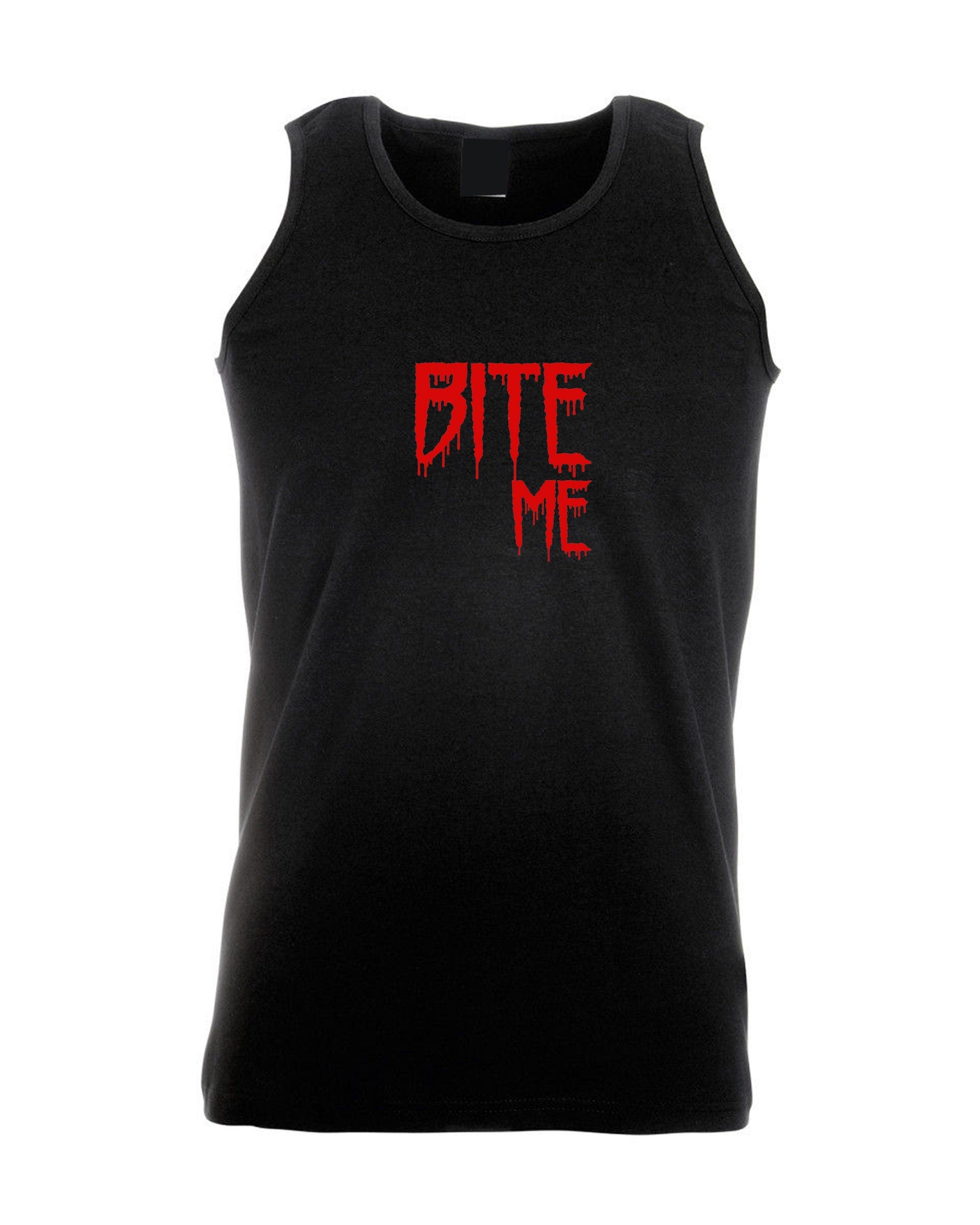 Bite me vest vests gym workout exercise jogging yoga funny mens womens top halloween outfit valentines vampire top ladies unisex gf bf