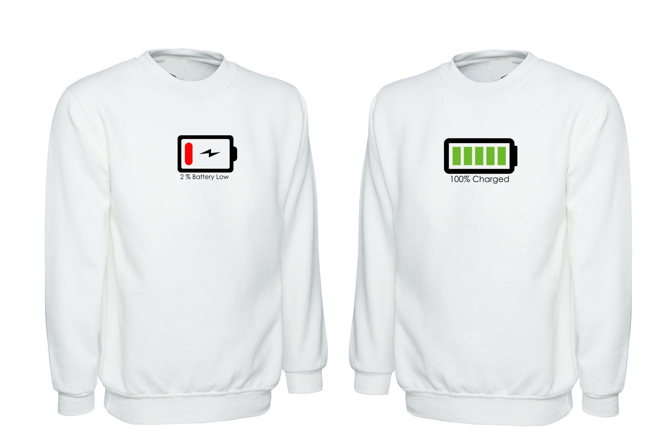 Couple matching funny shirts 2 percent Battery Low 100% Charged Sweatshirt Jumper Sweater Shirt joke valentines love Wedding anniversary