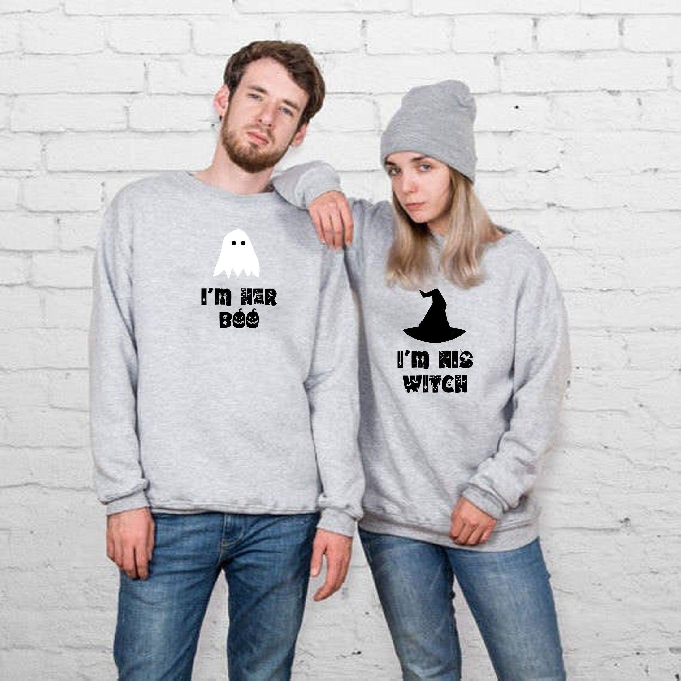 Couple matching funny halloween shirts i'm his i'm her sweatshirt jumper sweater shirt scary ghost boo joke engaged married top