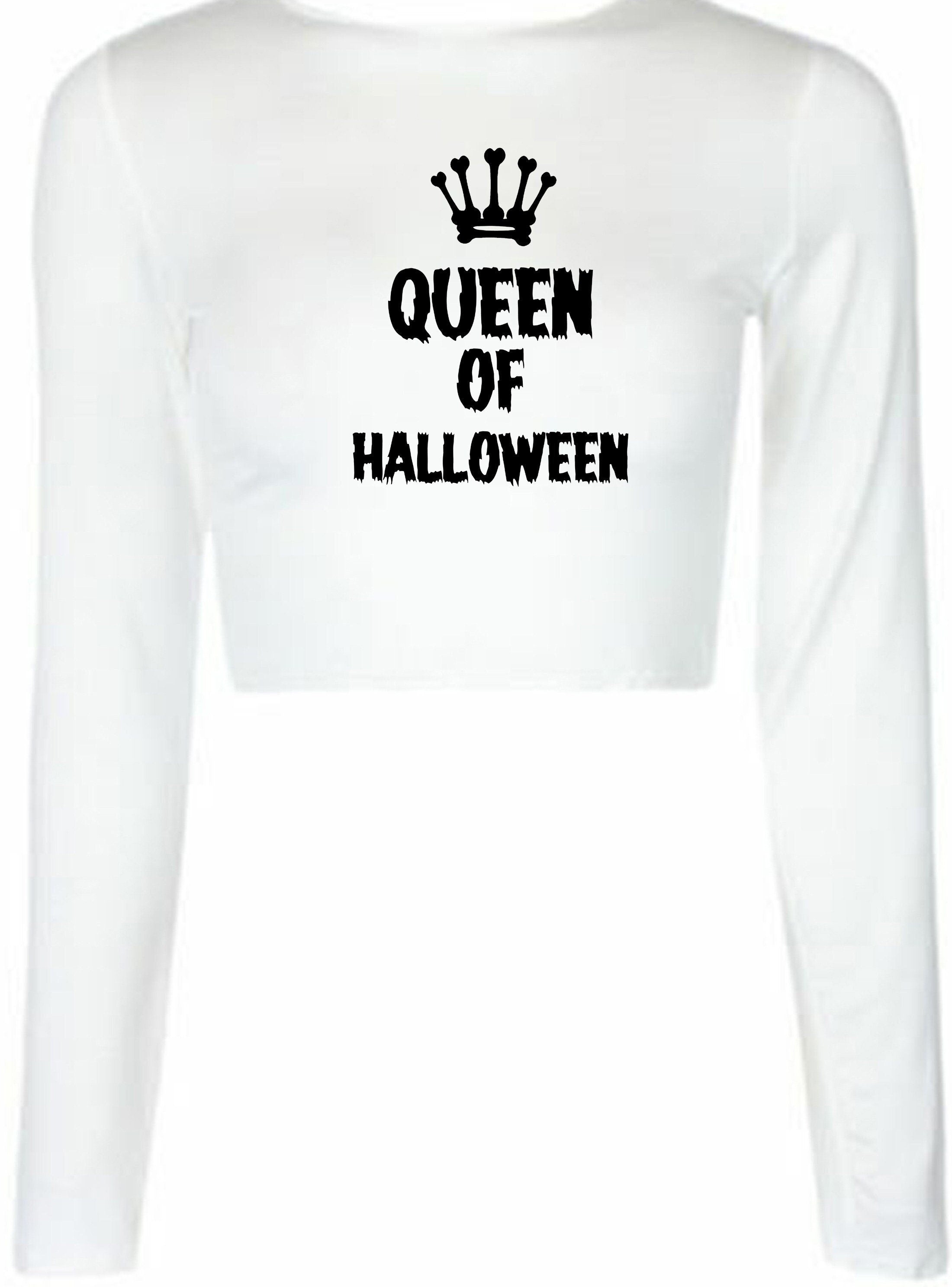 Ladies womens funny halloween outfit halloween costume queen of halloween crop tops crop-tops long sleeve horror joke gift present