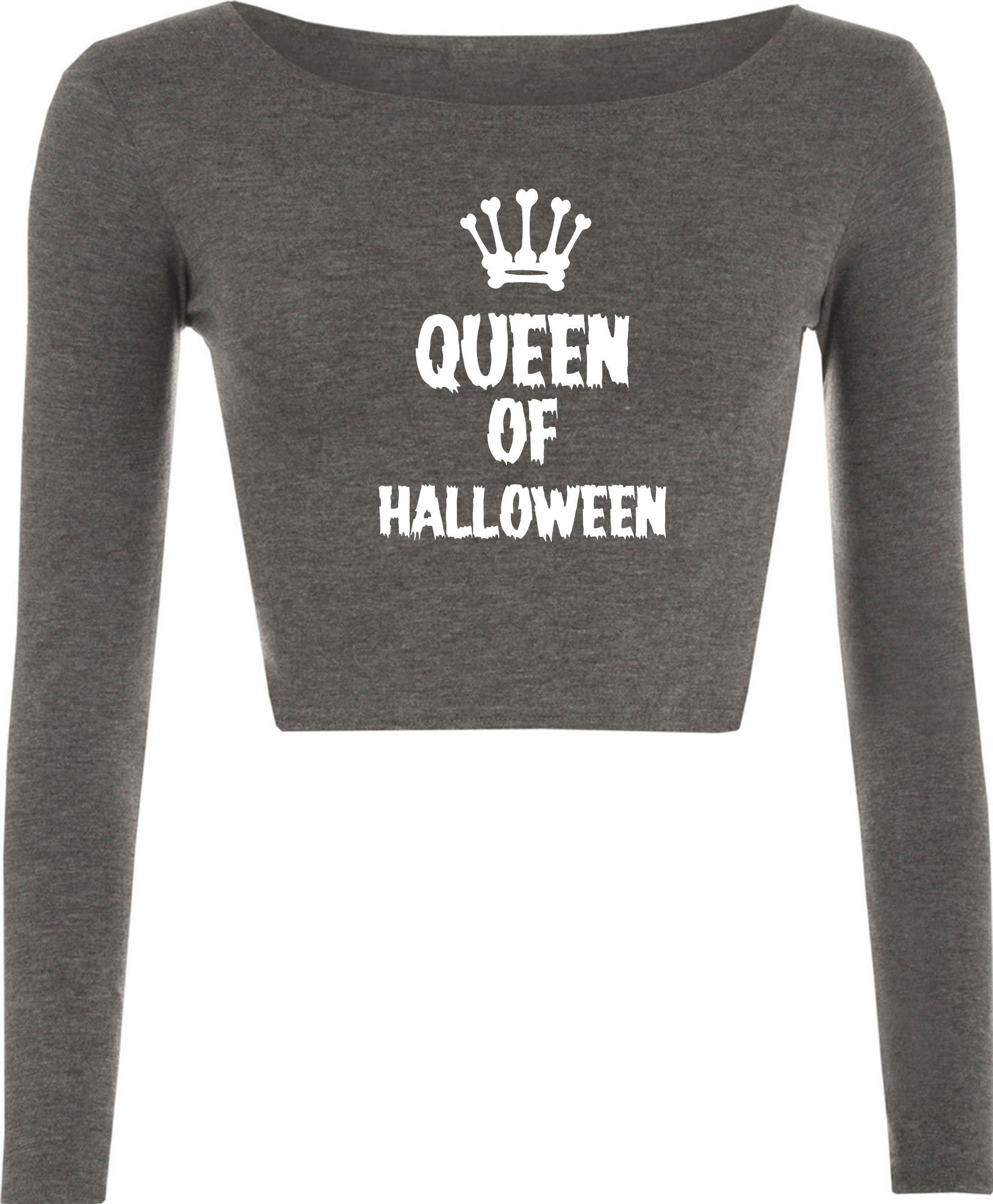 Ladies womens funny halloween outfit halloween costume queen of halloween crop tops crop-tops long sleeve horror joke gift present