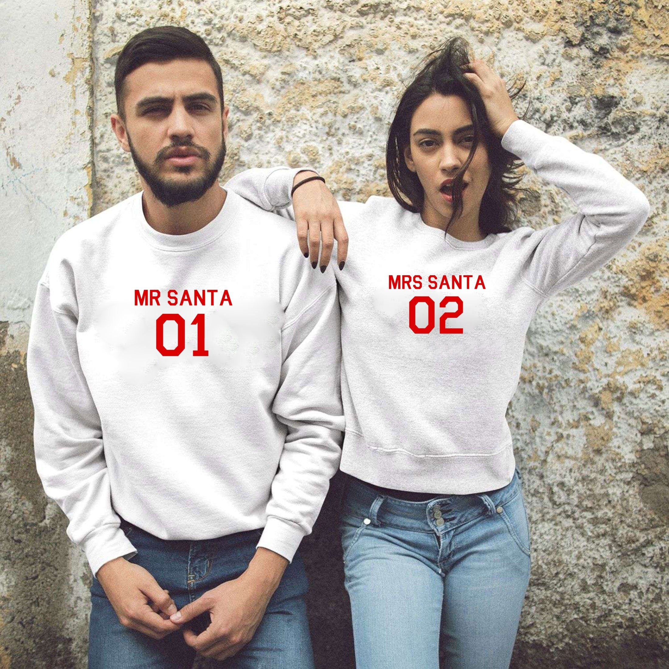 Couple matching christmas sweatshirt jumper sweater shirt mr. santa 01 mrs. santa 02 customized personalized name gift cute xmas top outfit