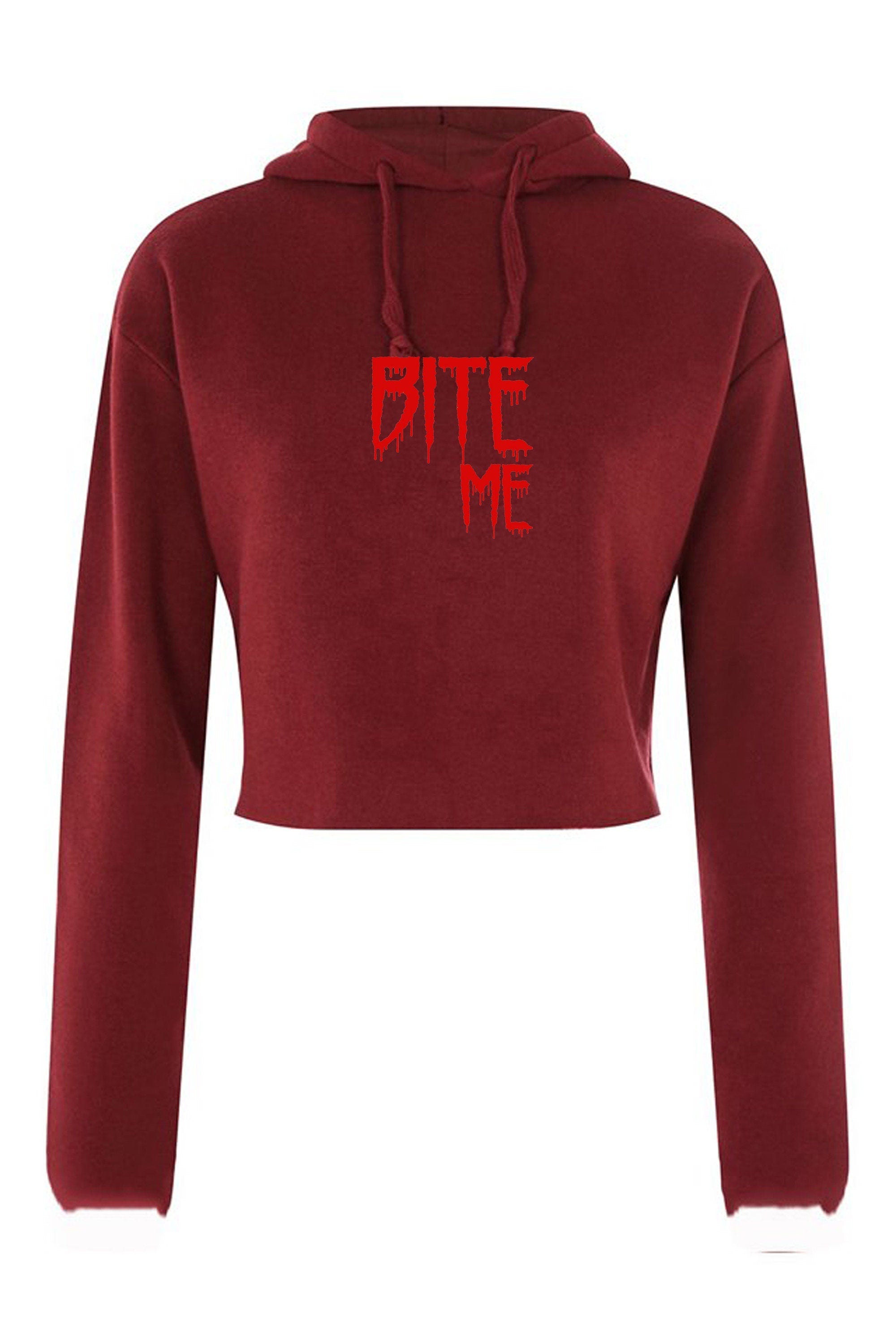 Bite me crop top hoodie crop-tops hood croptop hood funny mens womens top halloween outfit valentines vampire top ladies unisex gf bf