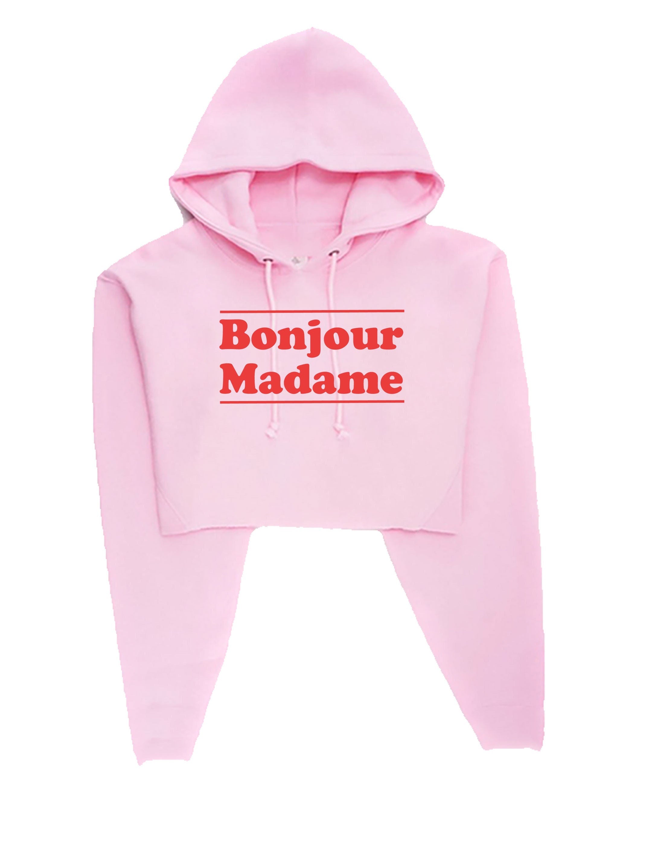 Bonjour madame crop top hoodie crop-tops hoody hood hello madam greetings in french mens unisex womens ladies top funny tour to france gift