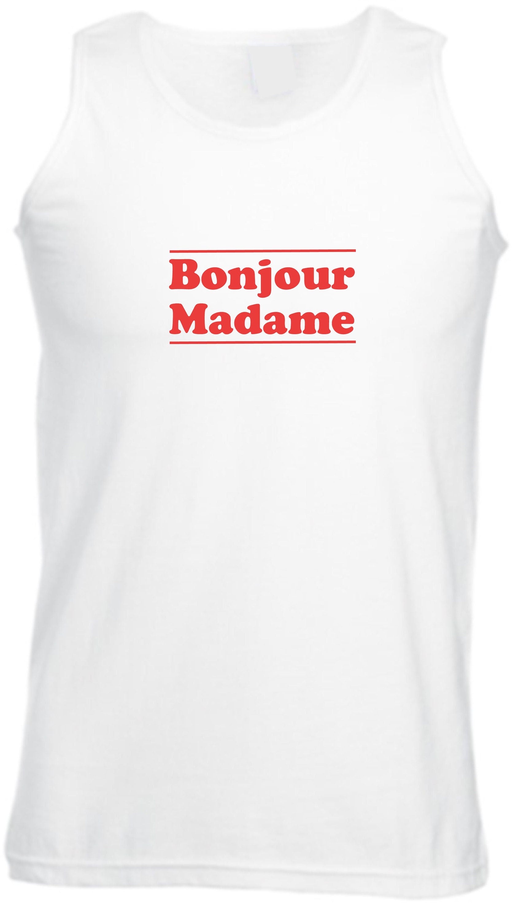 Bonjour madame vest vests gym workout exercise hello madam greetings in french mens unisex womens ladies top funny tour to france gift