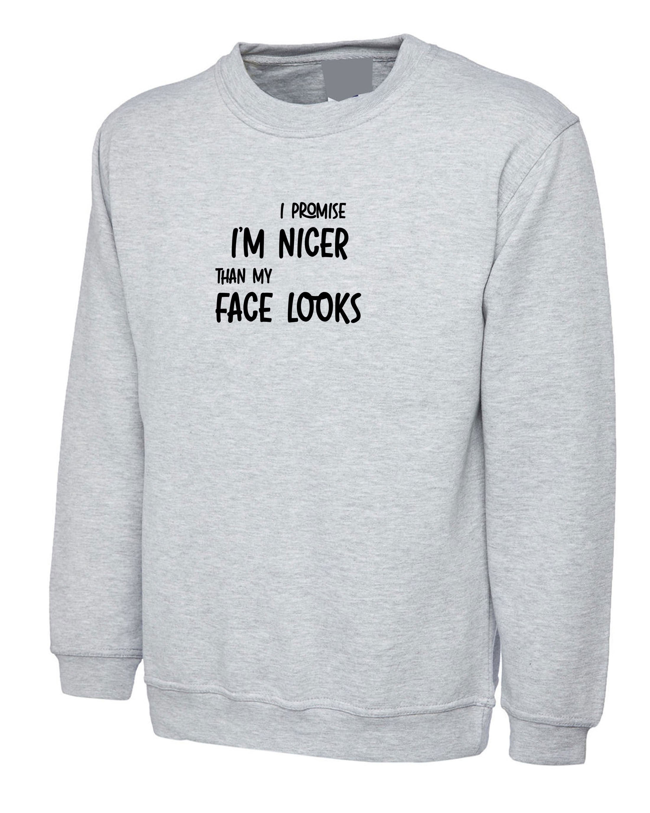 I promise i am nicer than my face looks funny mens gift sweatshirt jumper sweater shirt joke sarcastic birthday xmas present womens