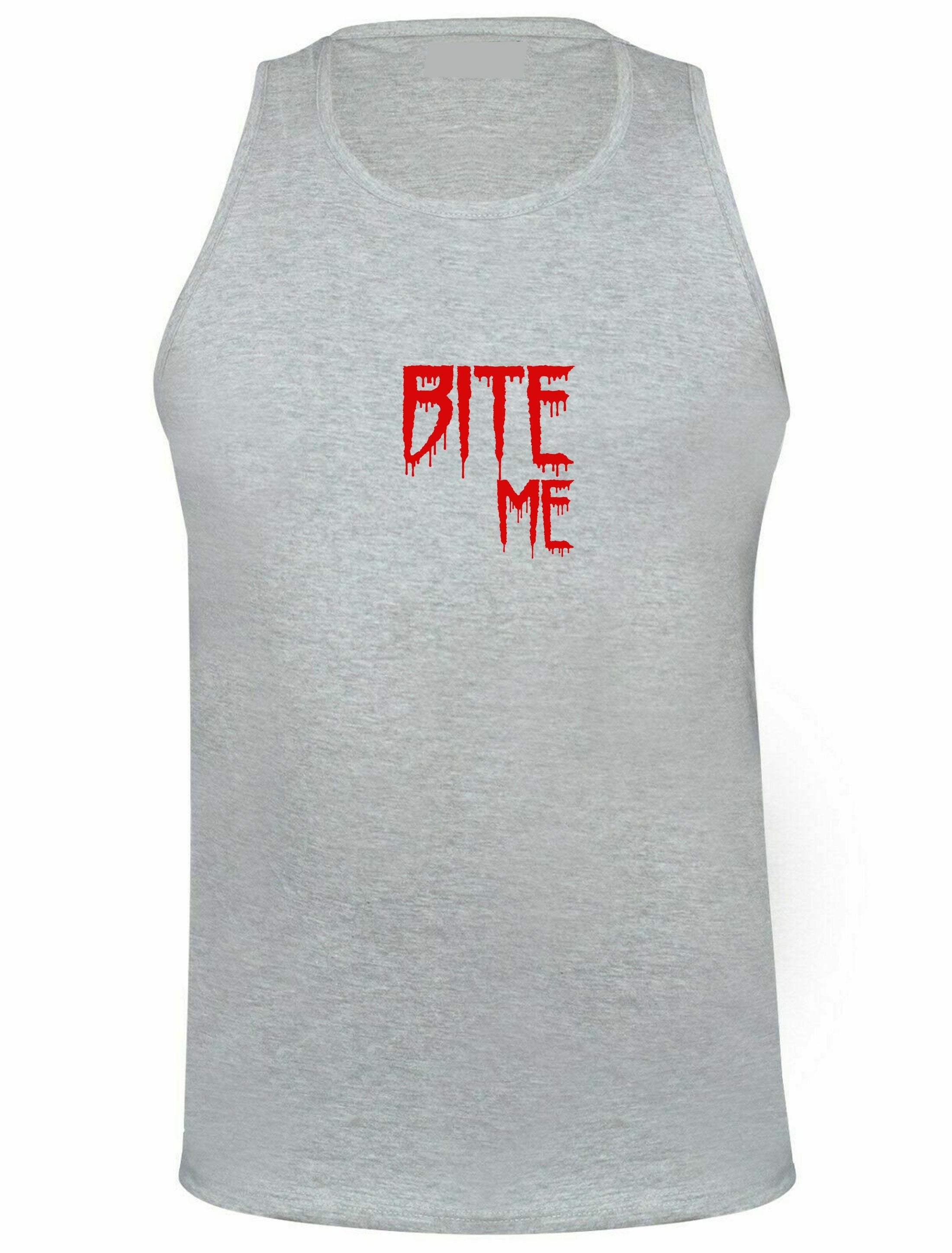 Bite me vest vests gym workout exercise jogging yoga funny mens womens top halloween outfit valentines vampire top ladies unisex gf bf