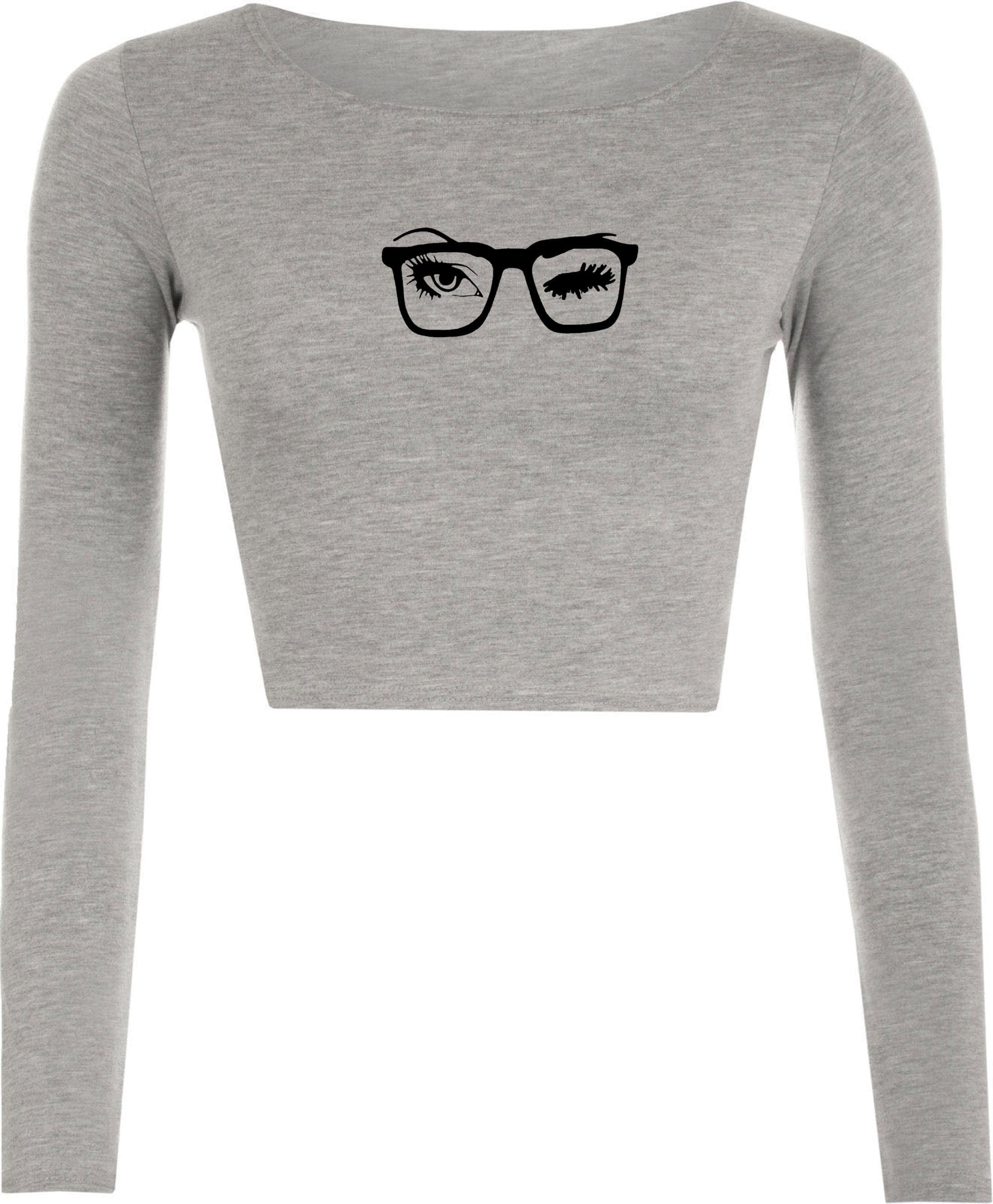 Ladies womens blinked eyes face with glasses funny crop tops crop-tops long sleeve birthday christmas gift xmas present