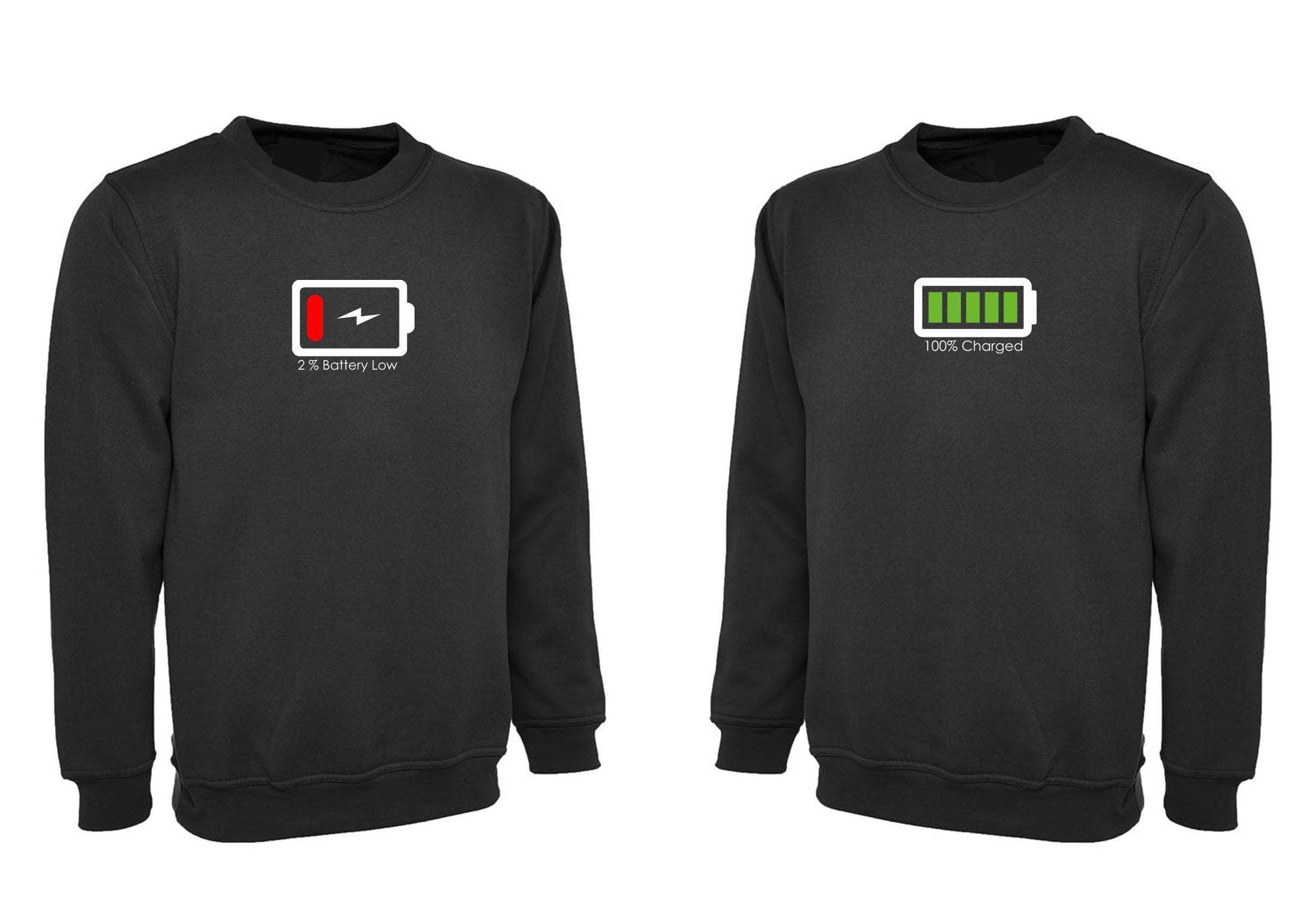 Couple matching funny shirts 2 percent Battery Low 100% Charged Sweatshirt Jumper Sweater Shirt joke valentines love Wedding anniversary