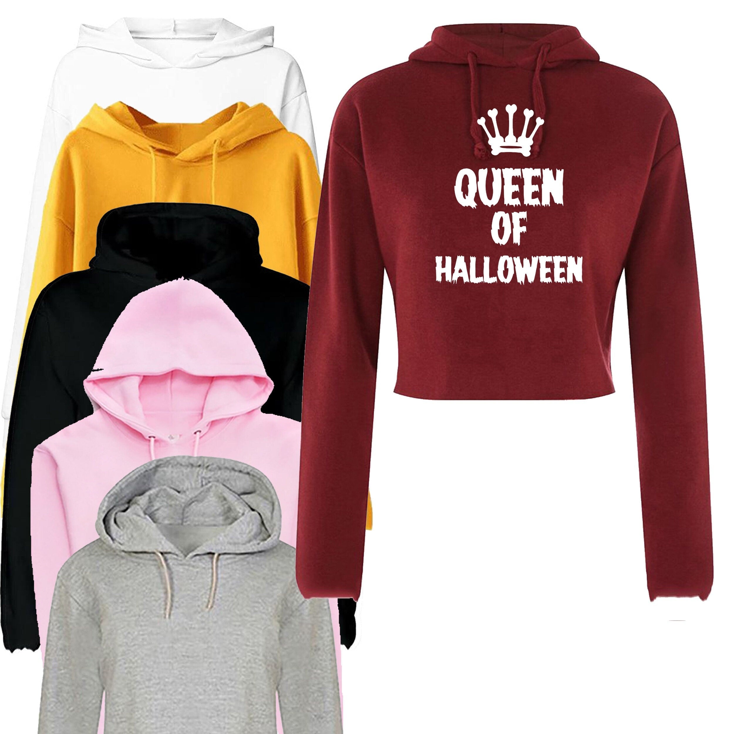 Ladies womens funny halloween outfit halloween costume queen of halloween crop tops hoodie crop-tops hoody hood horror joke gift present